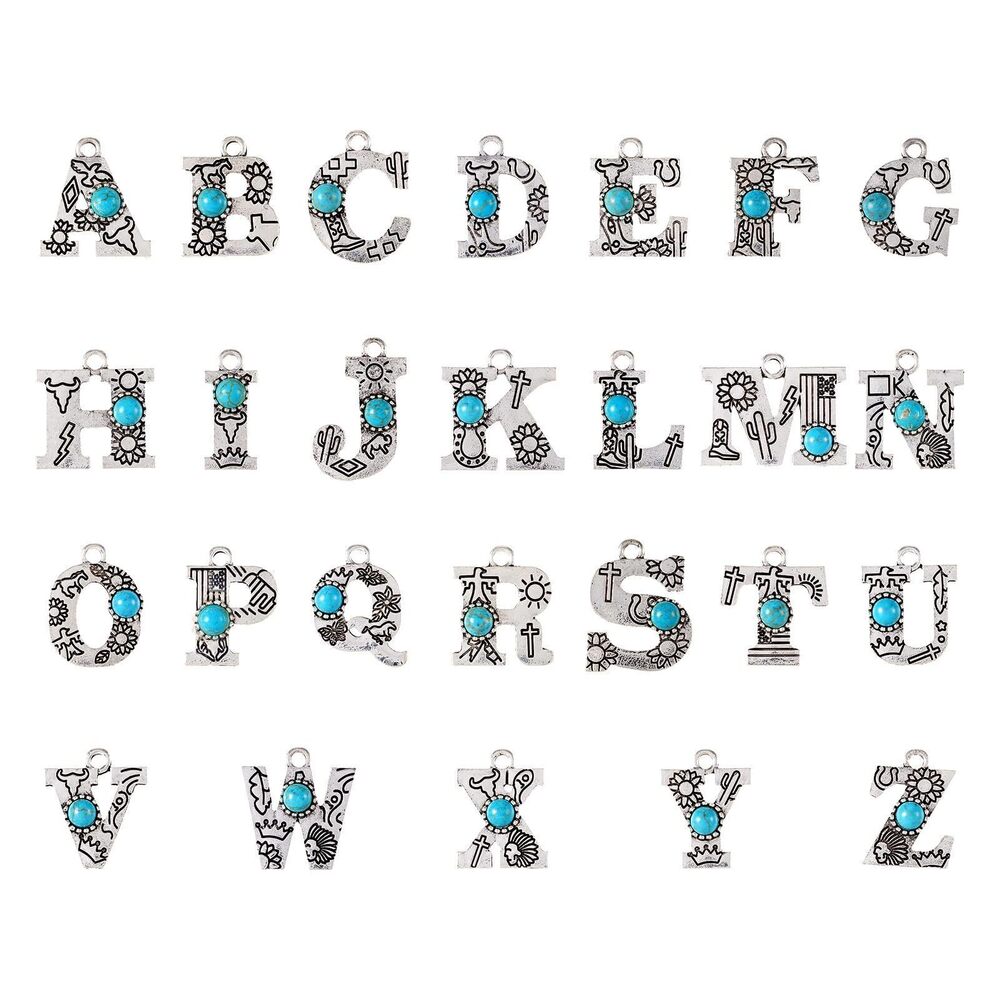 9540 Pandahall 26Pcs Alloy Letter Charms Turquoise Stone A-Z Alphabet